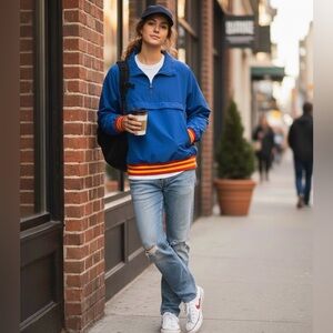 Blue Pullover with Red and Yellow Striped Hem